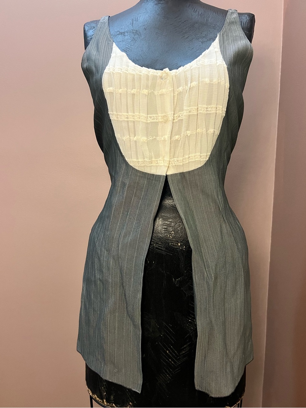 Rare Emporio Armani Lace Bib Pinstripe Tunic Cutout Blouse Tie Back Size S/M